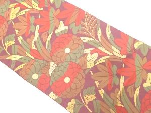 菊に芝草模様織出し全通袋帯